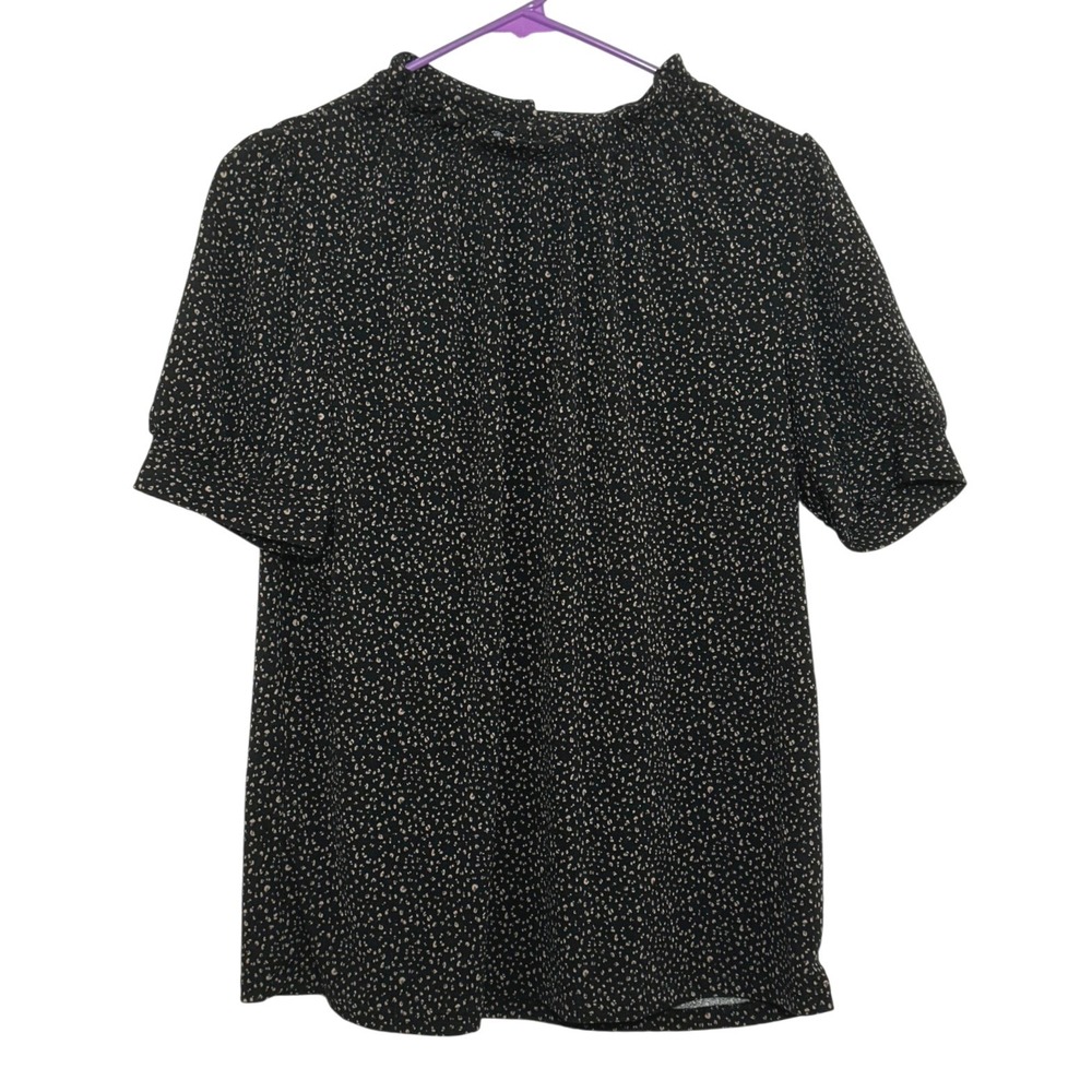 Adrianna Papell Womens Black Tan Micro Dot Mock Neck Ruffle Blouse Top‎ Size M